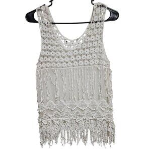 White Crochet Fringe Sleeveless Tank Top Blouse Womens Size XS